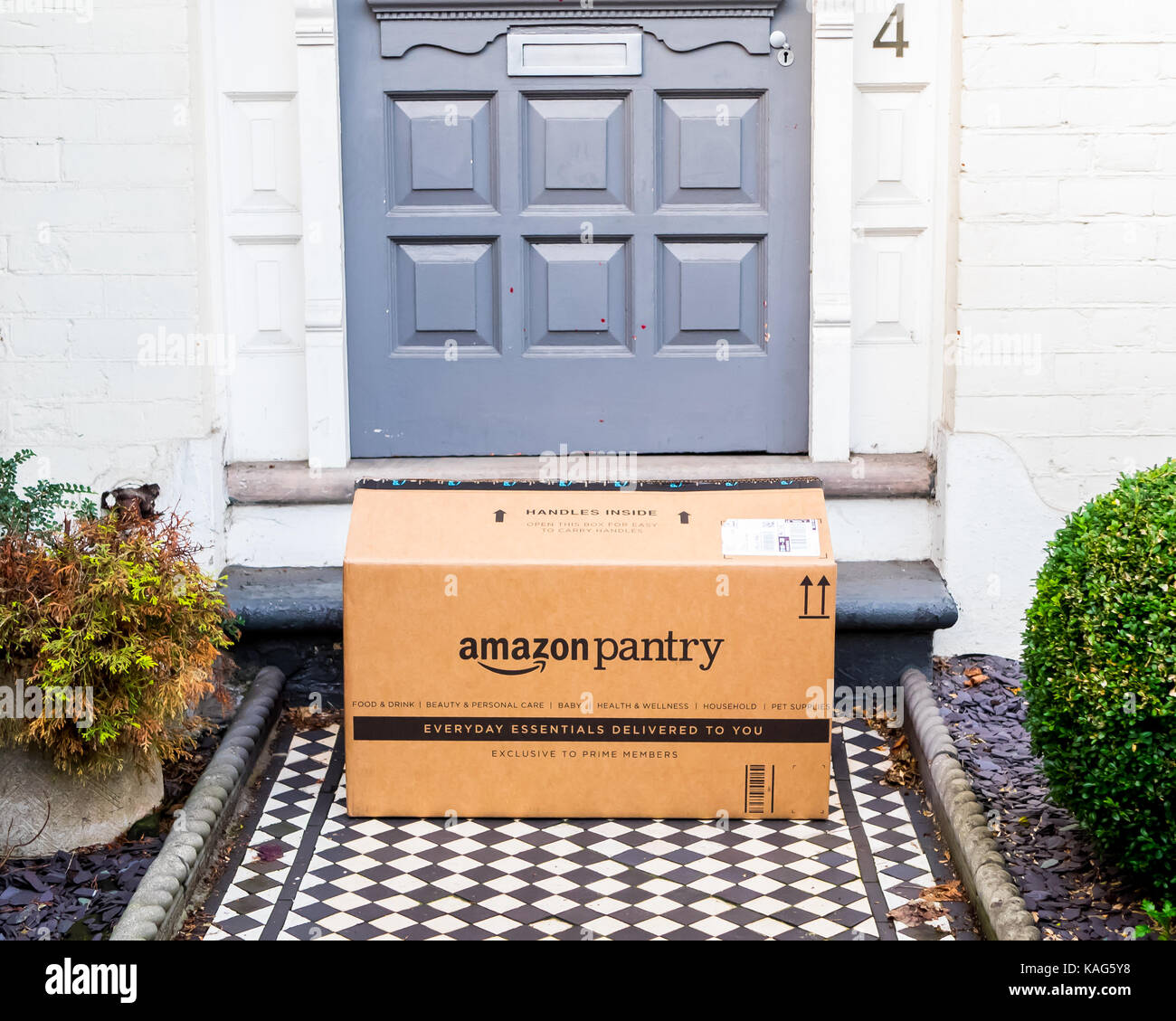 September 26 2017 London Amazon Pantry Online Purchase Delivery Box Just Arriving To A Home Address Stock Photo Alamy