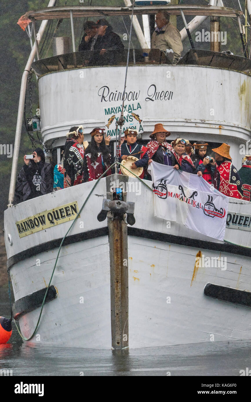 First Nations native people on the 'Rainbow Queen' fishing boat during a protest again fish farm at Swanson Island, British Columbia, Canada. Stock Photo