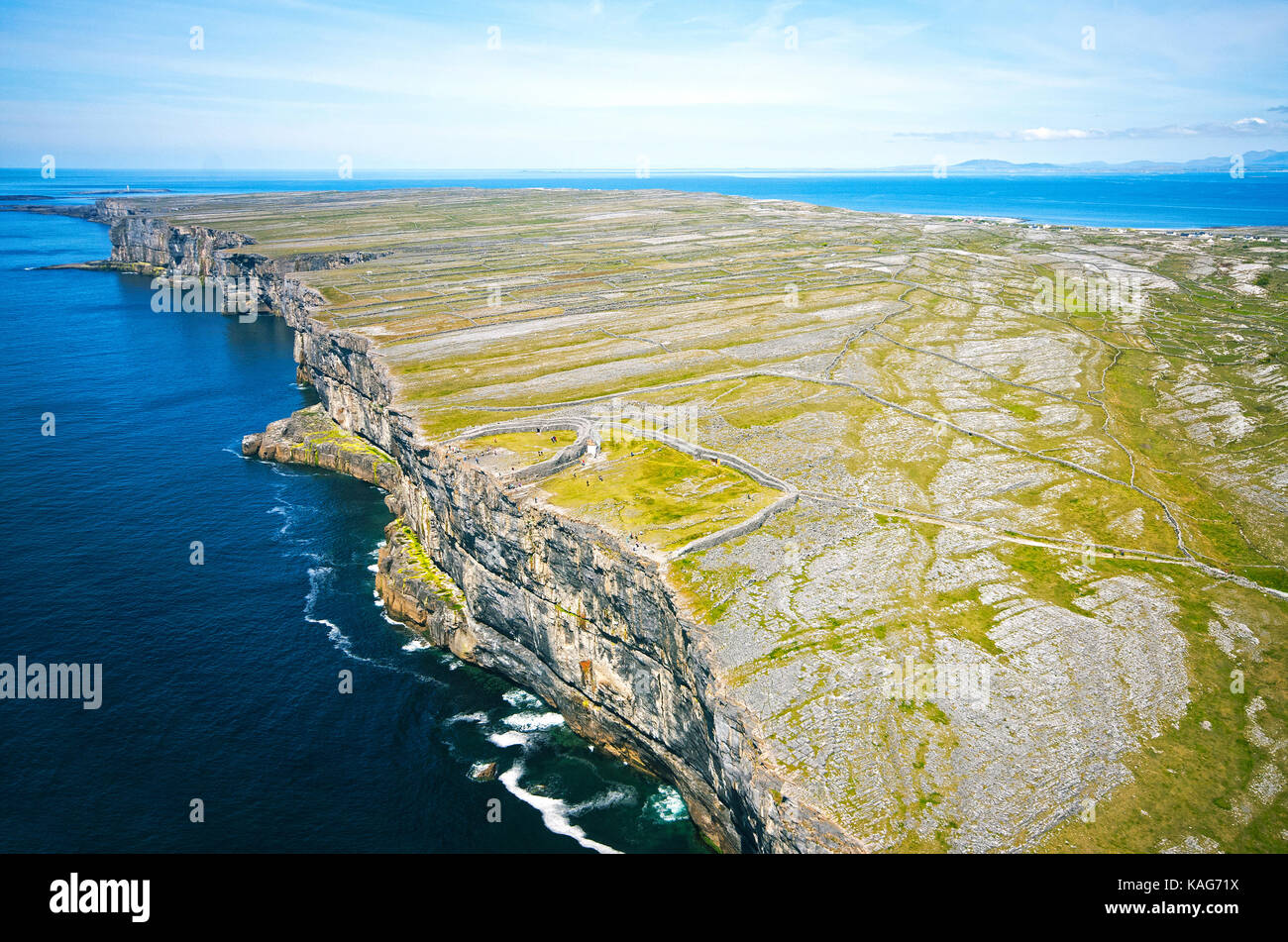 Aerial view of Inishmore Island (clearly visible Dun Aonghasa prehistoric fort), Aran Islands, County Galway, Ireland Stock Photo