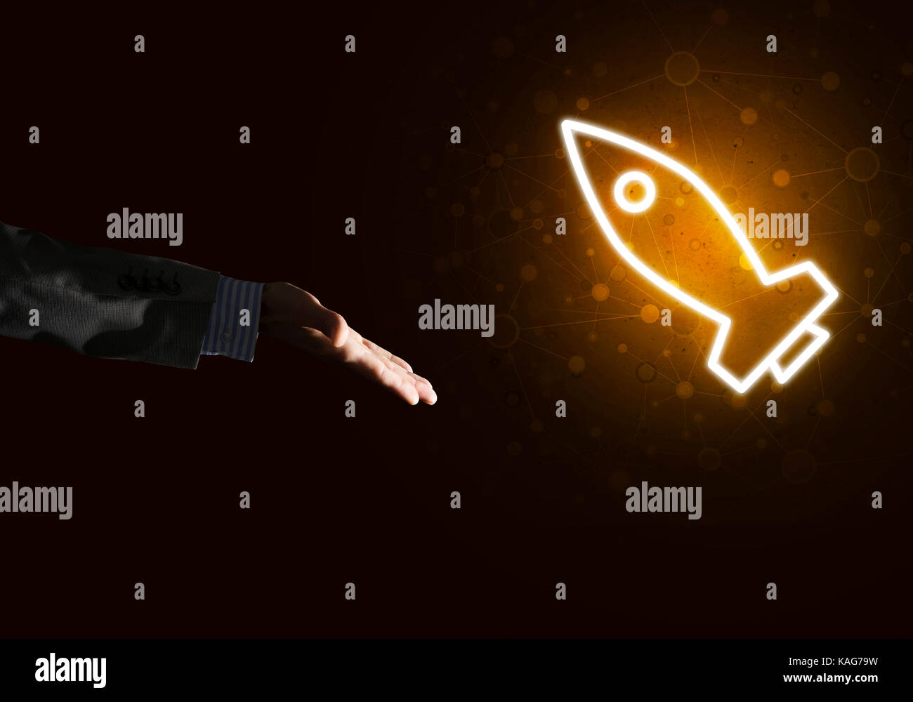 Man palm presenting Rocket web icon as technology concept Stock Photo ...
