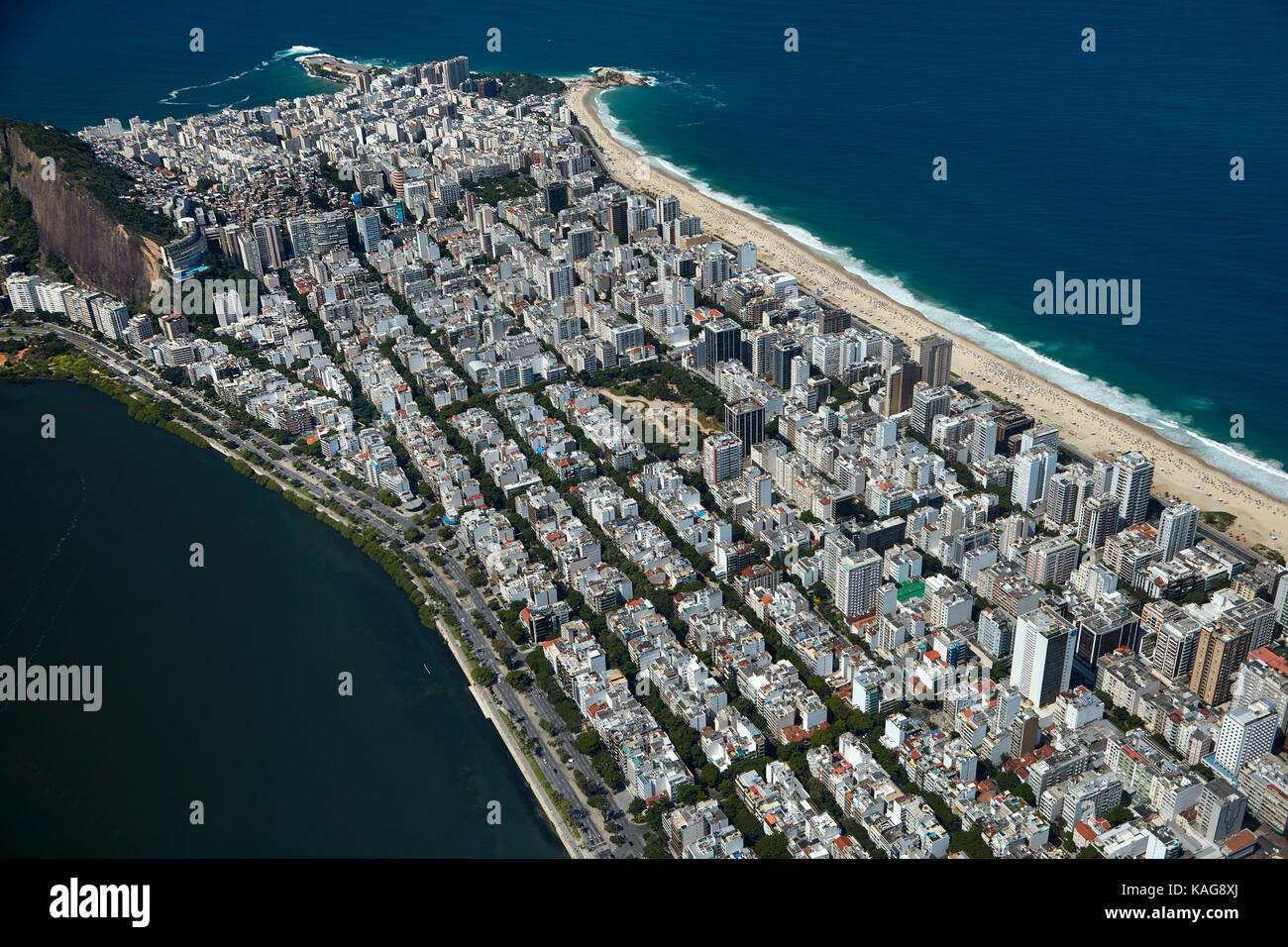Rodrigo de Freitas Lagoon, and Ipanema, Rio de Janeiro, Brazil, South America - aerial Stock Photo