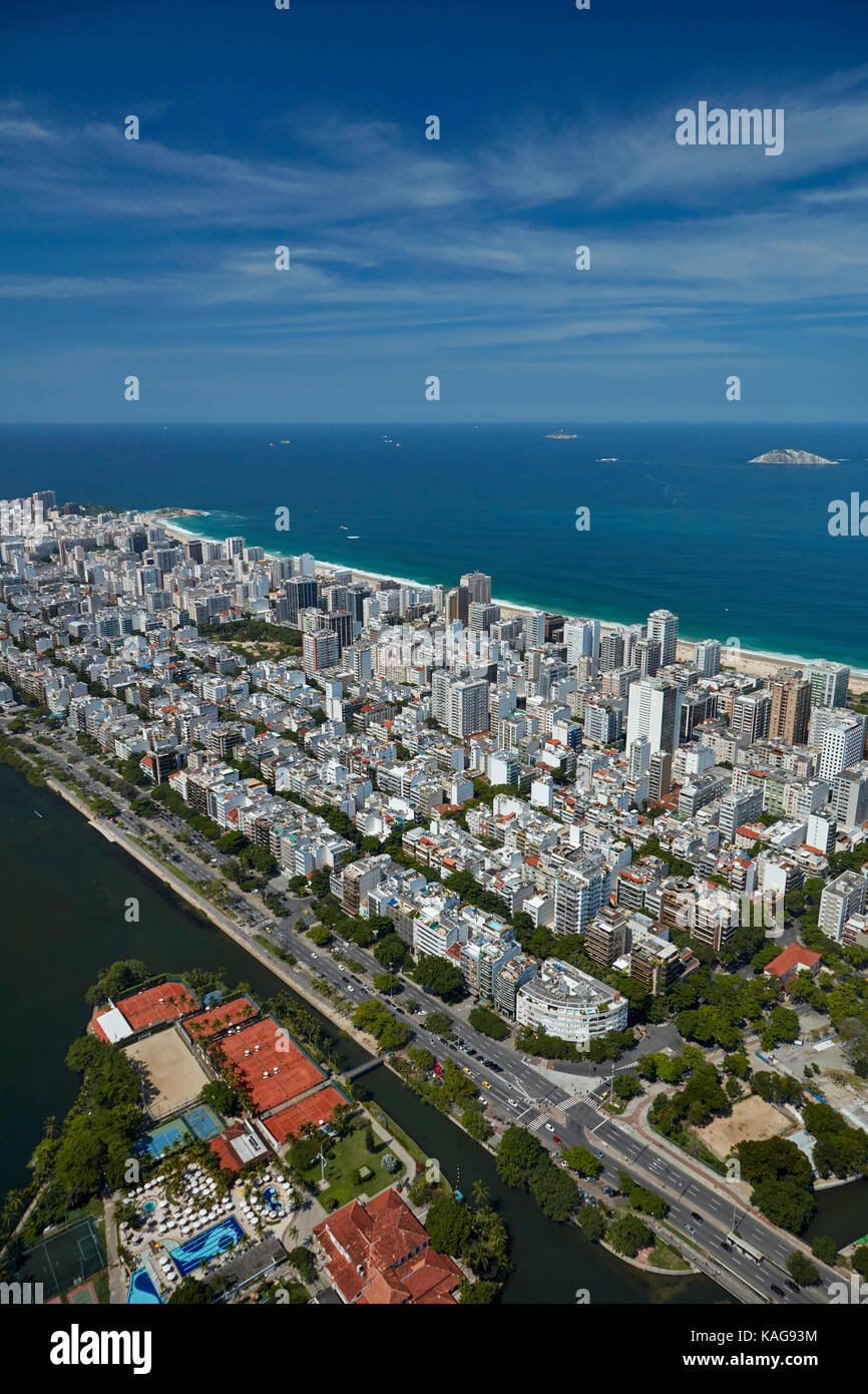 Caicaras Club, Caiçaras Island in Rodrigo de Freitas Lagoon, and Ipanema, Rio de Janeiro, Brazil, South America - aerial Stock Photo