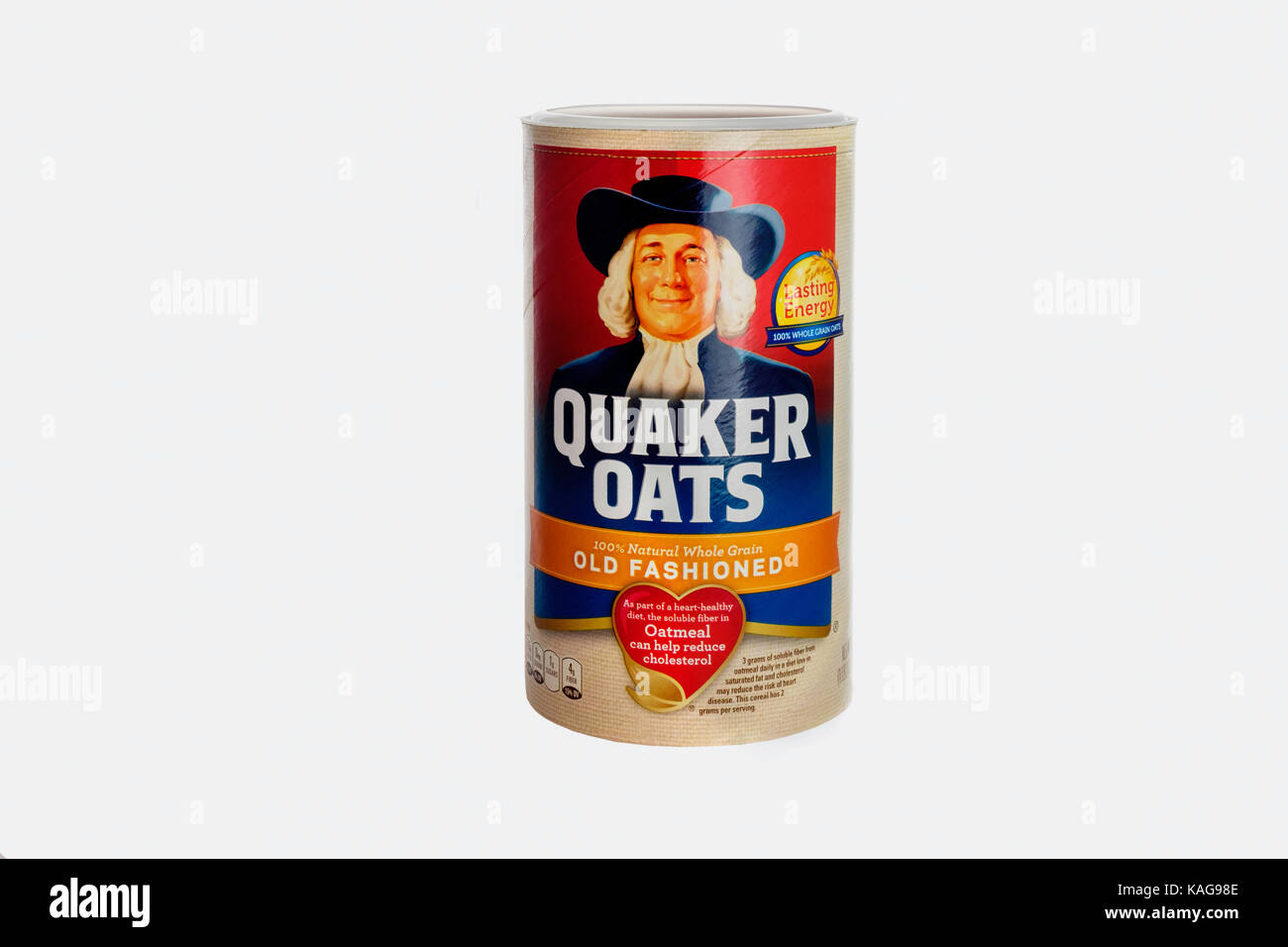 A box of Old Fashioned Quaker Oats on  a white background. Cut out, cutout. USA. Stock Photo