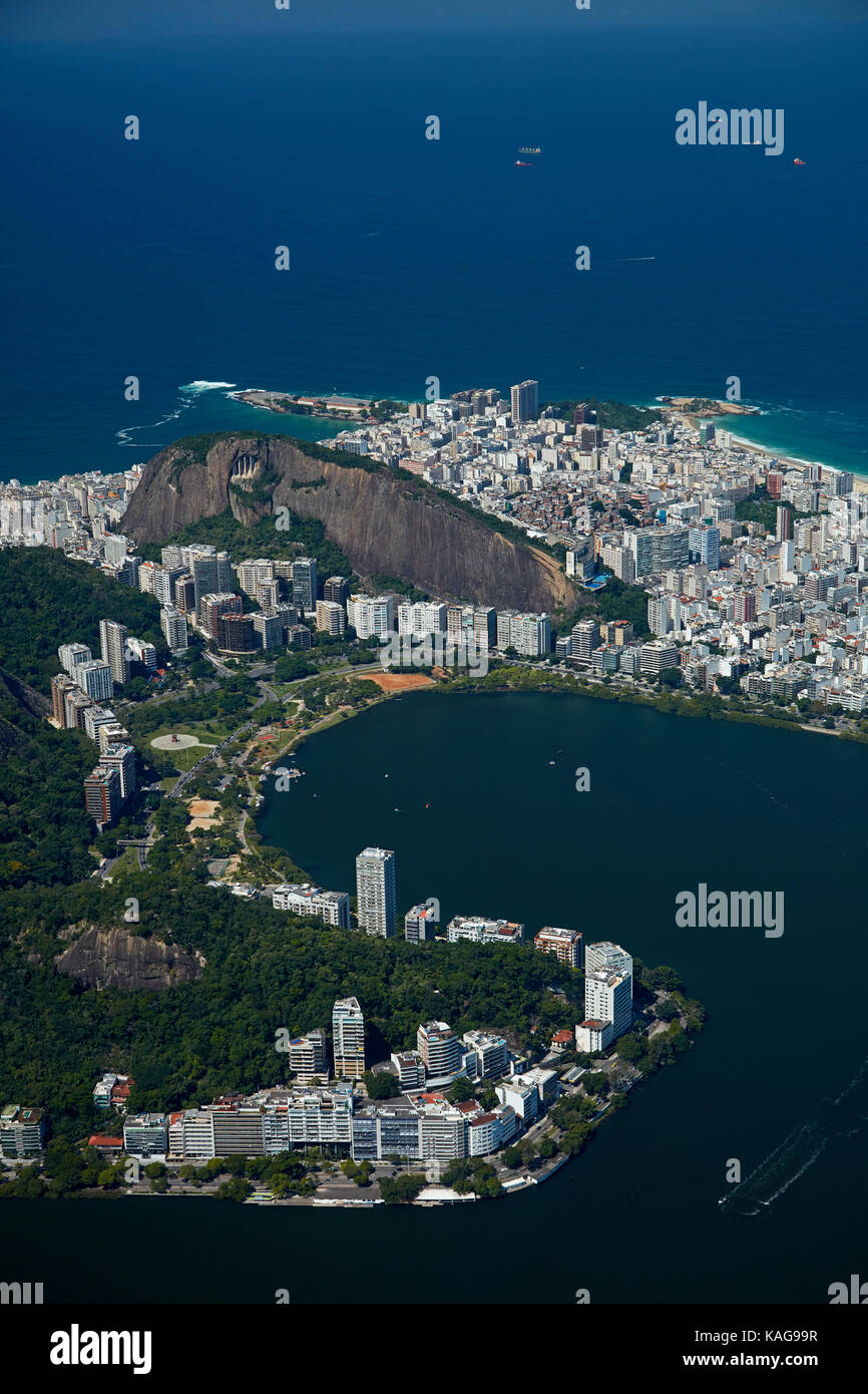Rodrigo de Freitas Lagoon, Copacabana (left) and Ipanema (right), Rio de Janeiro, Brazil, South America - aerial Stock Photo