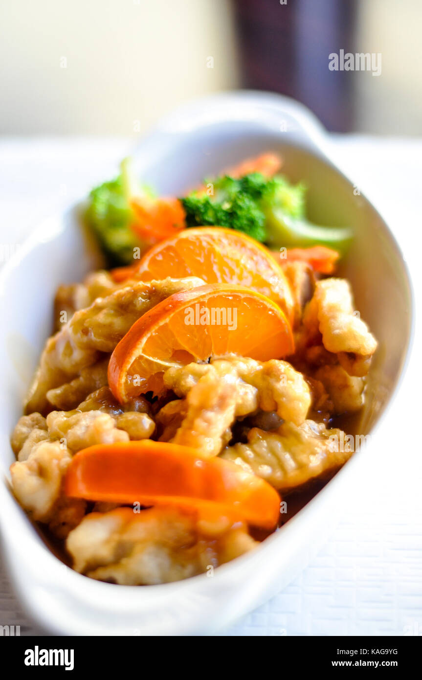 Orange Chicken, Light battered chicken with broccoli, carrot and orange