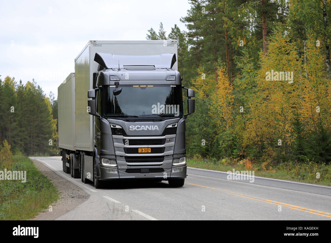 LAUKAA, FINLAND - SEPTEMBER 22, 2017: Silver Next Generation Scania R500 tractor trailer on a test drive along highway during Scania Laukaa Tupaswilla Stock Photo