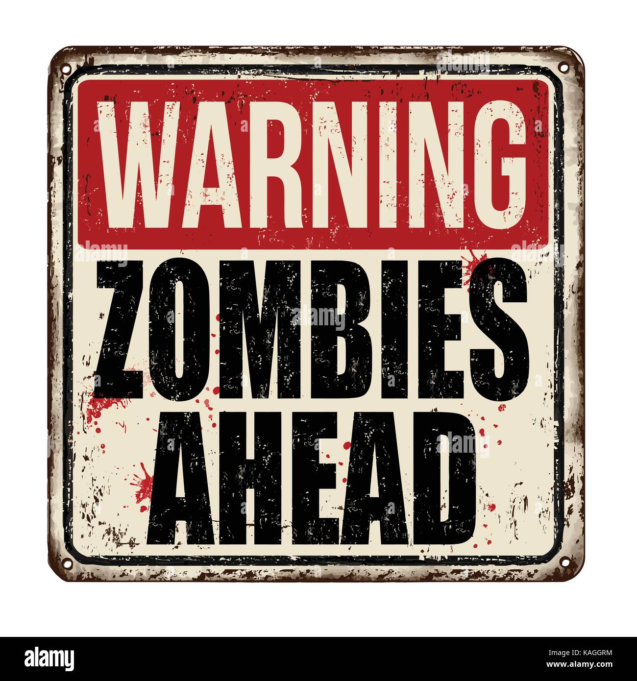 Warning zombies ahead vintage rusty metal sign on a white background