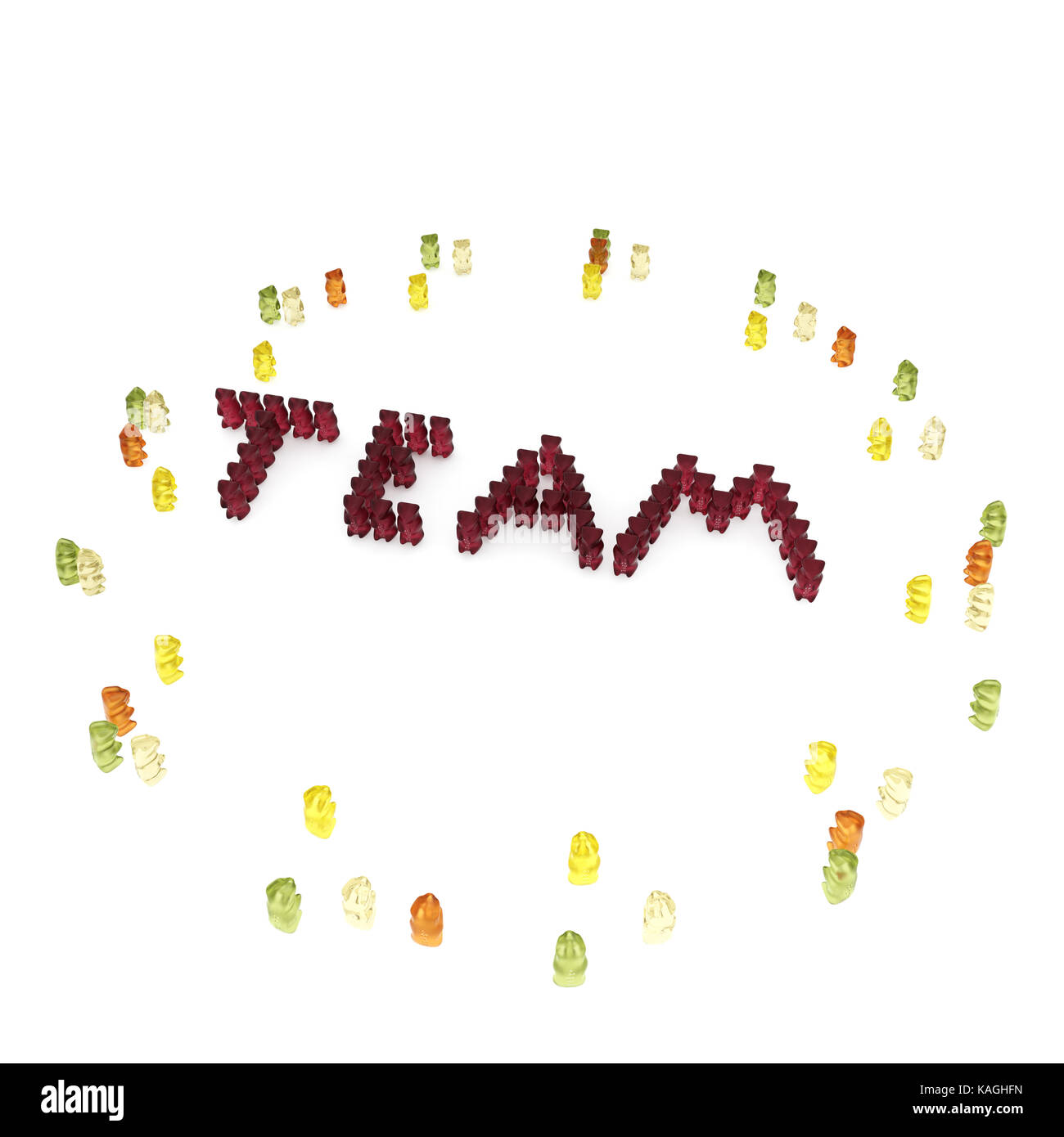 The word 'team' composed from many red gummy bears. Stock Photo