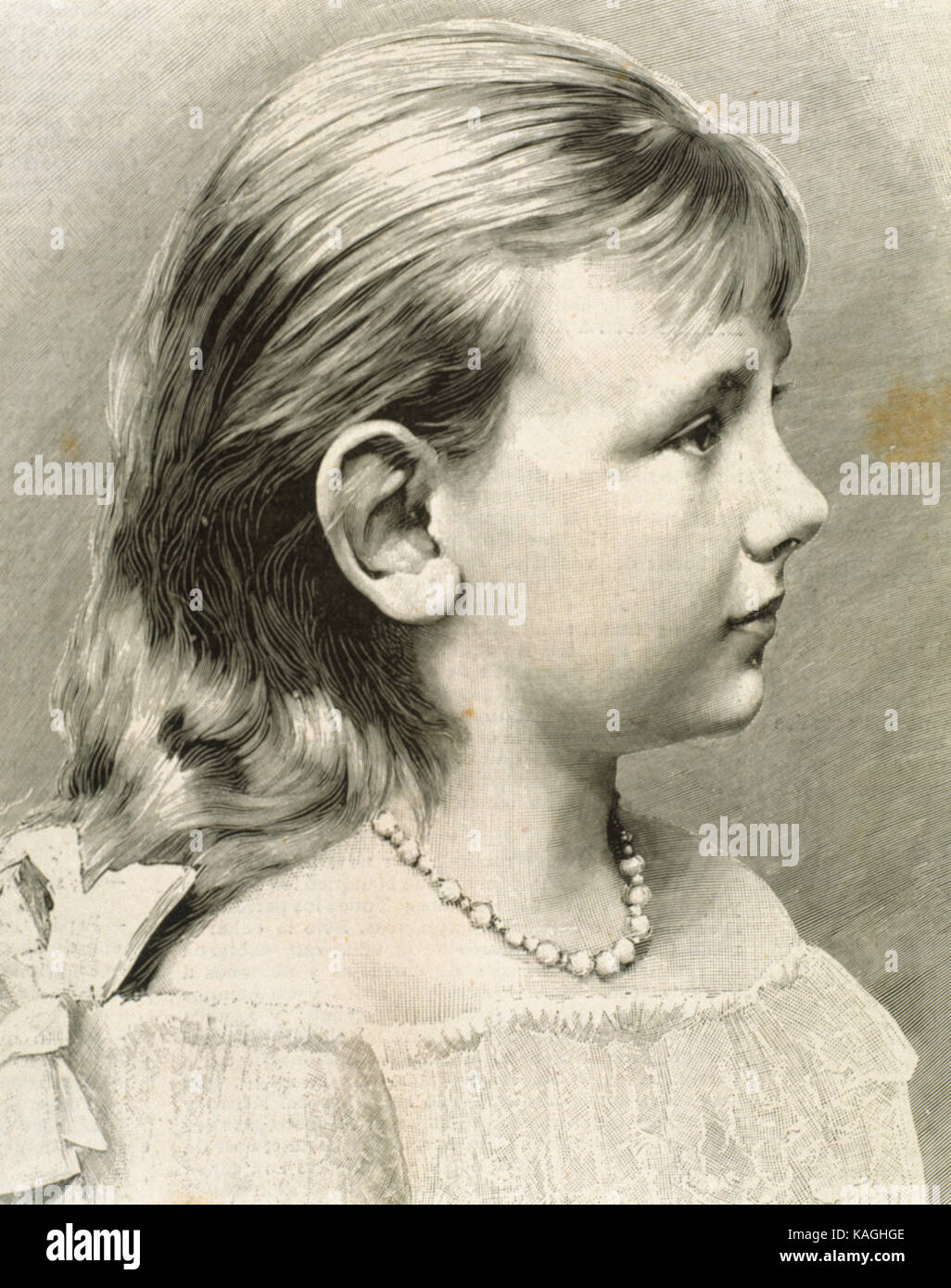 Wilhelmina Helena Pauline Maria (1880-1962). Queen of the Netherlands (1890-1948). Girl portrait. Engraving. 'La Ilustracion Espanola y Americana', 1890. Stock Photo