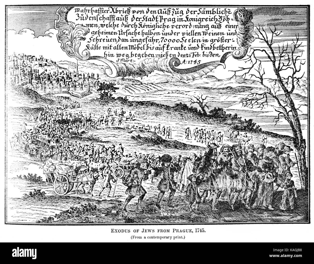 Cartoon from 1745 : Exodus of Jews from Prague Stock Photo