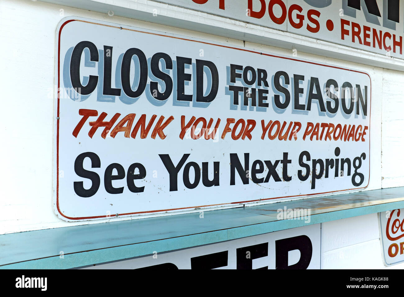 Eddie's Grill has been a fixture of the Geneva-on-the-Lake strip since 1950 with a closed for the season sign indicating its seasonality. Stock Photo