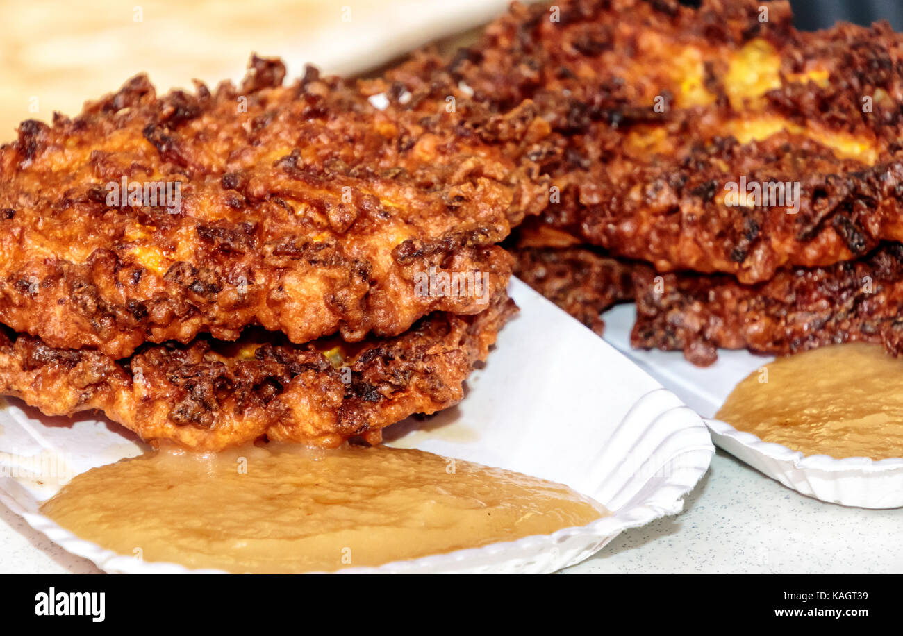 Delicious deep fried Pumpkin Cakes with apple puree Stock Photo