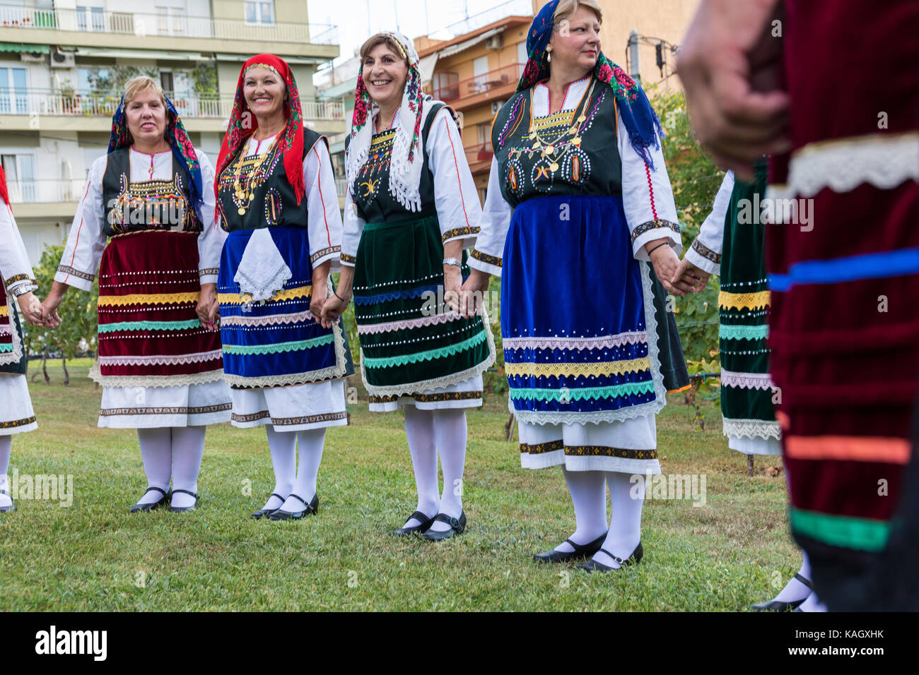 Thessaloniki, Greece - Sept  21, 2017: Group performing Greek folklore dance during the harvest season Stock Photo