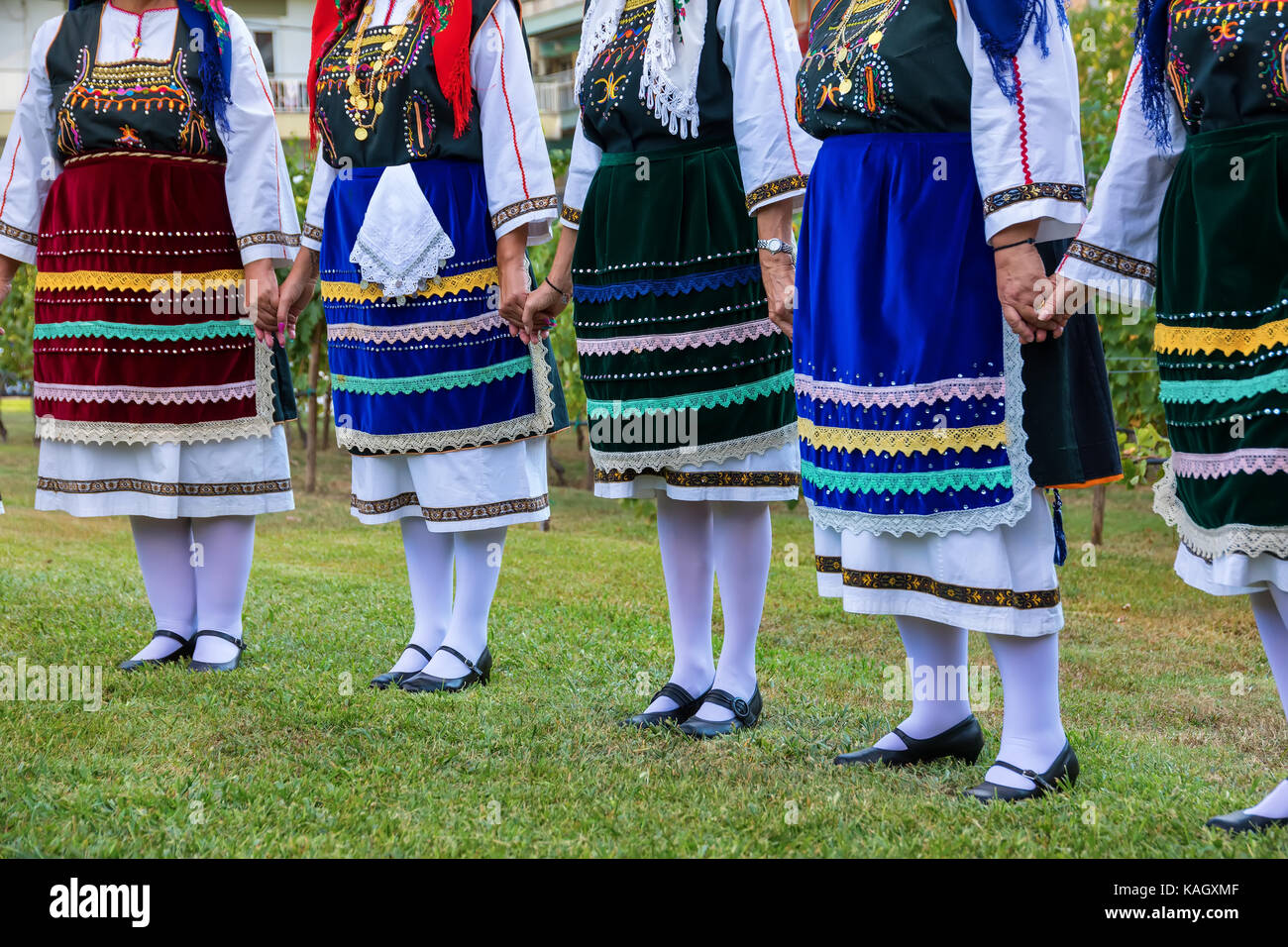 Thessaloniki, Greece - Sept  21, 2017: Group performing Greek folklore dance during the harvest season Stock Photo