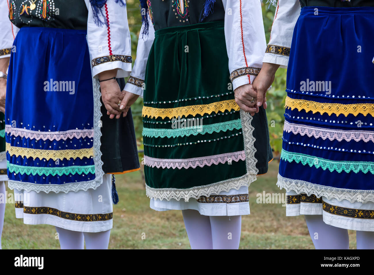 Thessaloniki, Greece - Sept  21, 2017: Group performing Greek folklore dance during the harvest season Stock Photo