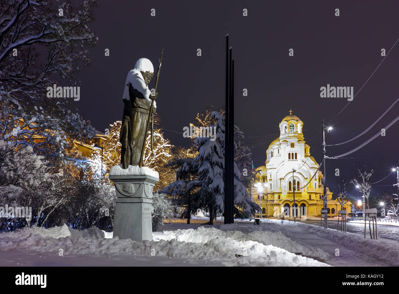 Night photo of Alexander Nevsky square and Tsar Samuel Monument, Sofia, Bulgaria Stock Photo