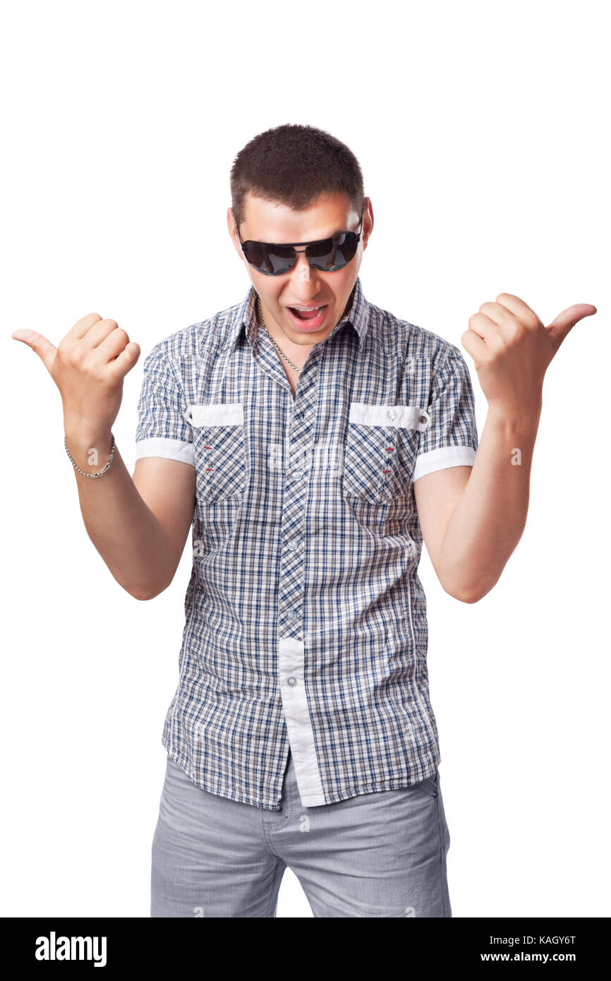 impudent young man in sunglasses hands make thumbs up isolated on white ...