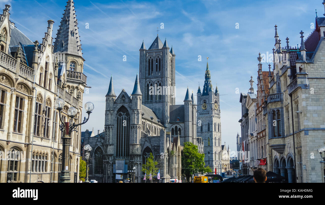 The landmarks of Gent, such as medieval mansions, St Nicholas Church and Belfort van Gent (Belfry), Belgium. Stock Photo