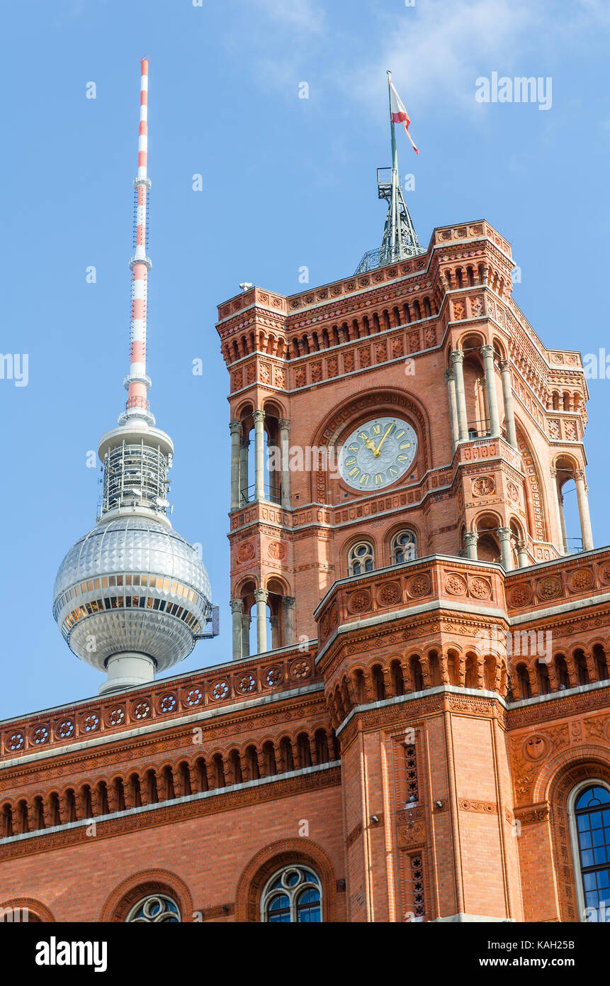 berlin red town hall and television tower with blue sky Stock Photo