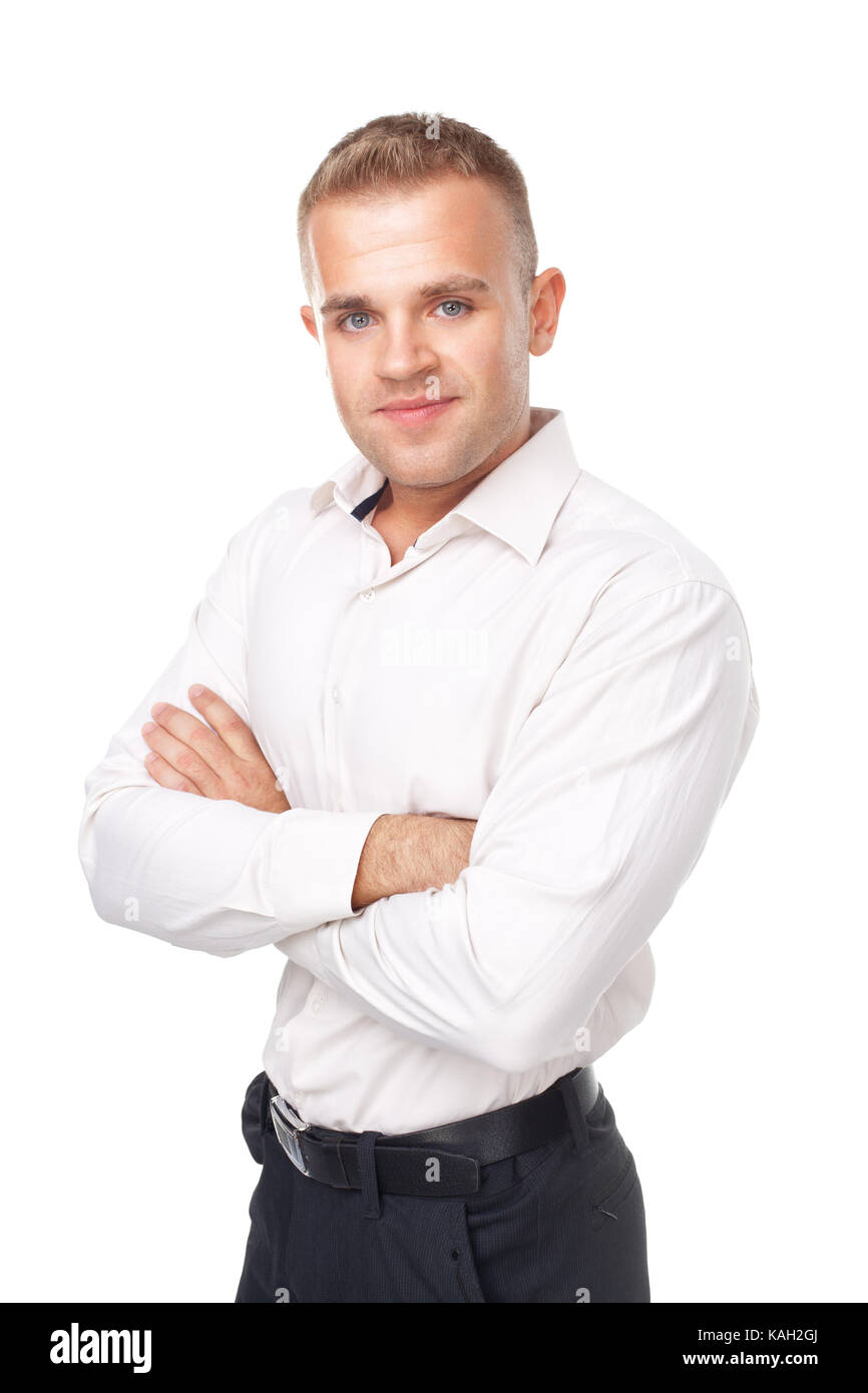 Portrait of happy smiling young man wearing a white shirt isolated on ...