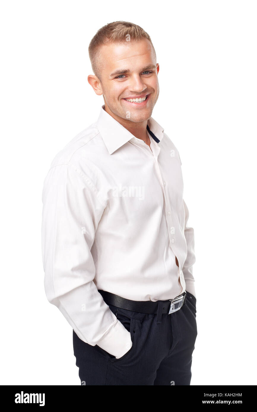 Portrait of happy smiling young man wearing a white shirt isolated on ...