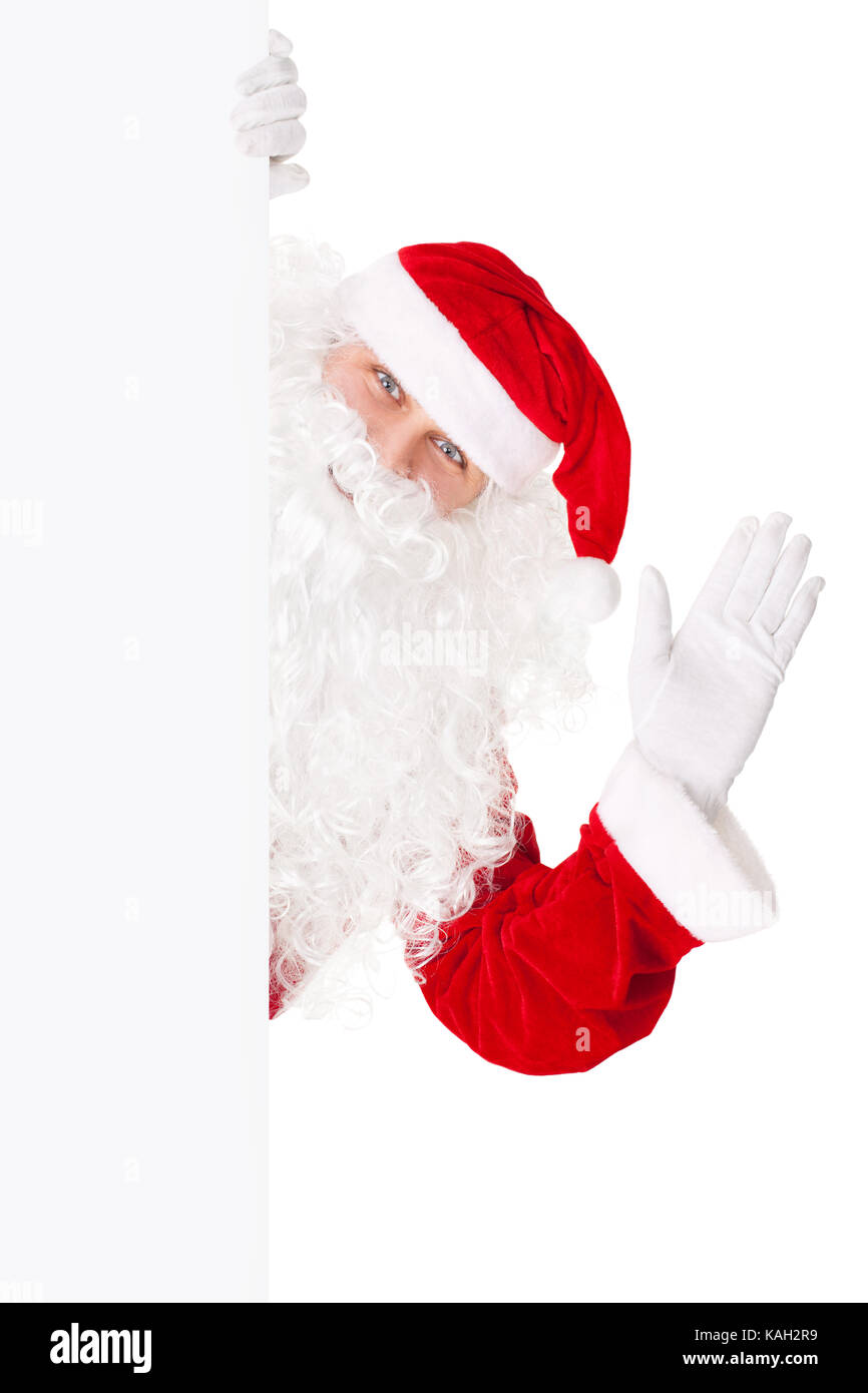Santa Claus waving with blank sign isolated on white background Stock ...