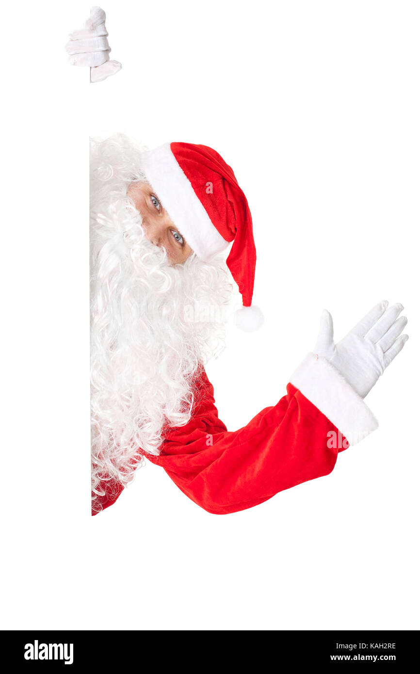 Santa Claus waving with blank sign isolated on white background Stock ...