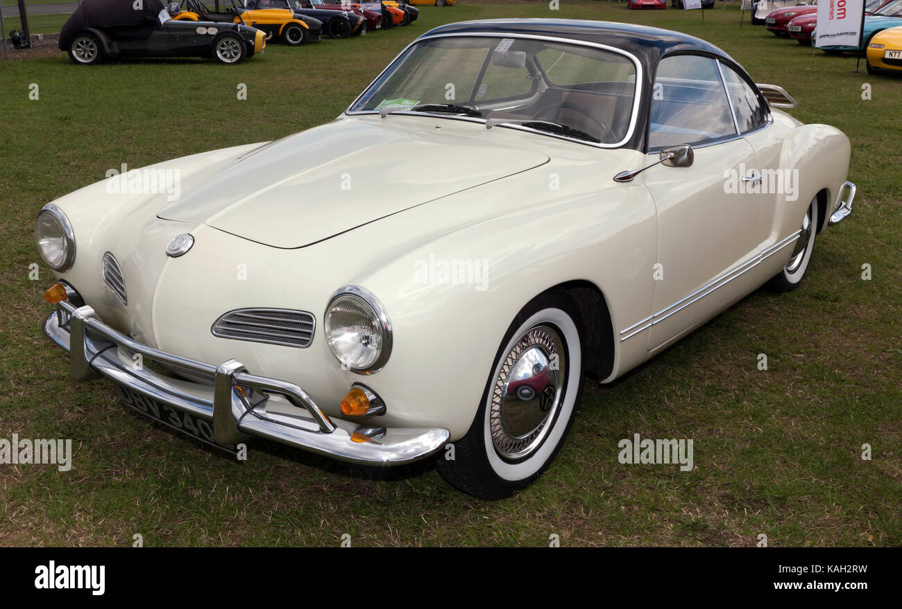 Three-quarter view of a classic Volkswagen Karmann Ghia, on display at the 2017 Silverstone Classic Stock Photo