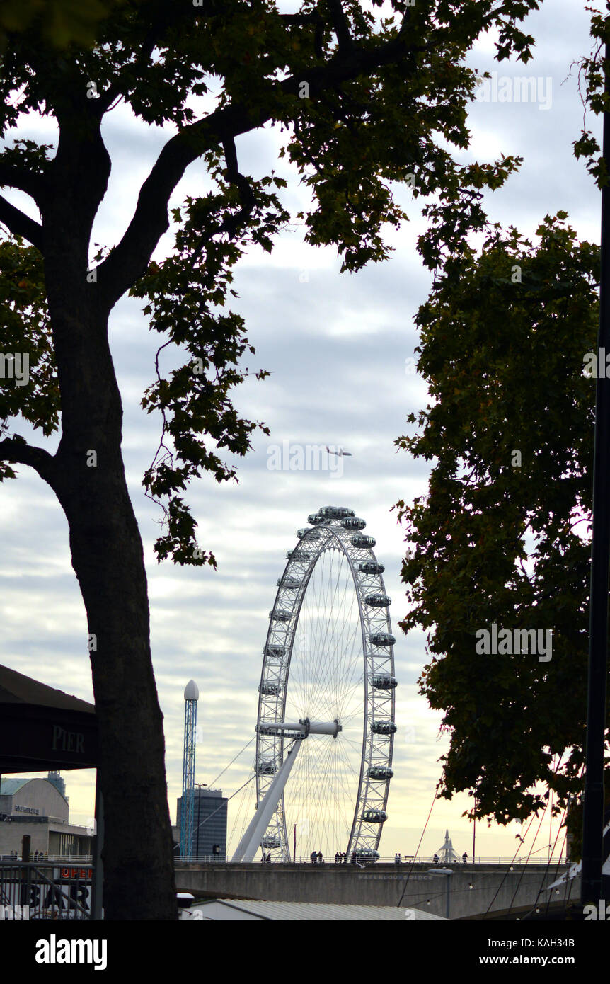 View to the famous London Eye from the Embankment near Somerset House London Stock Photo