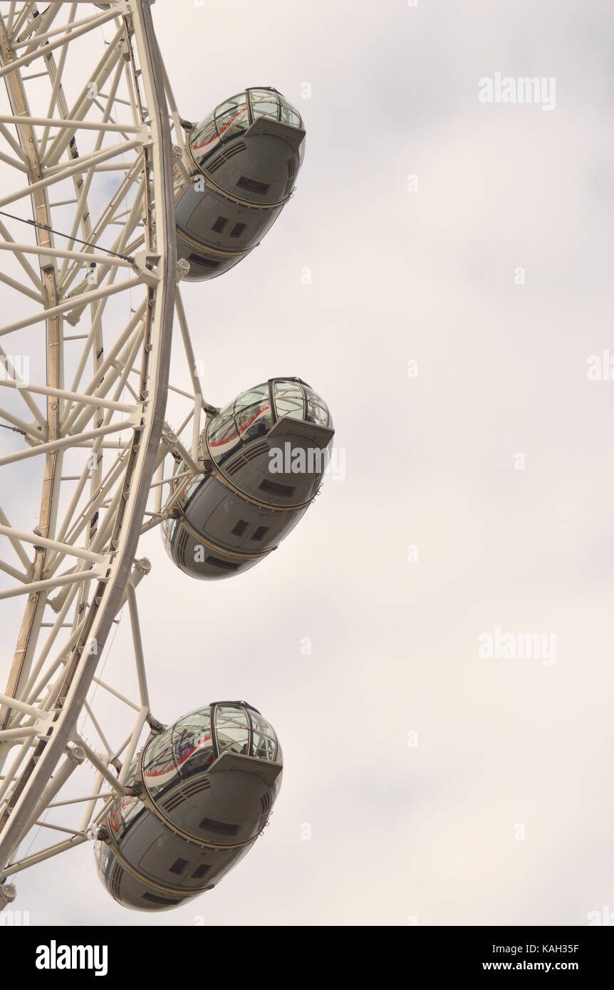 Three pods on the London Eye on the South Bank on a grey day in London Stock Photo
