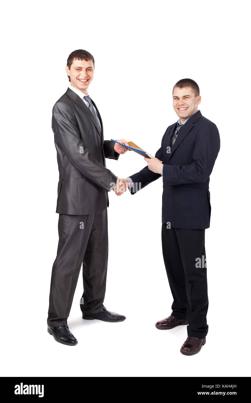 Handshake of business partners, when signing documents isolated on