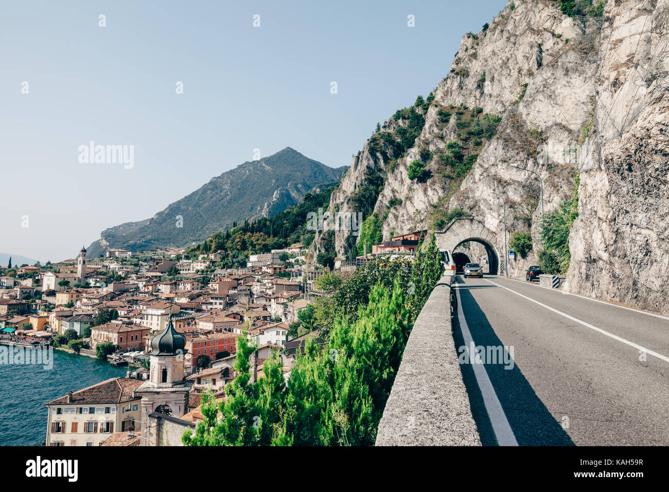 Scenic route on Lake Garda and beautiful village Limone sul Garda, Italy. Travel background Stock Photo