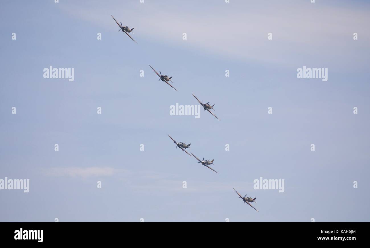 Six Hawker Hurricanes flying at Duxford 2017 Battle of Britain Air Show