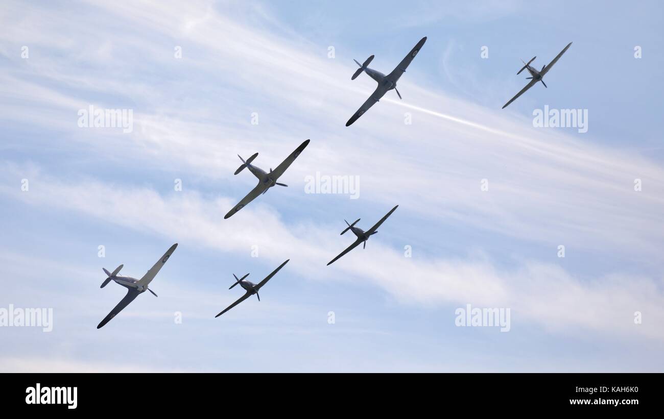 Six Hawker Hurricanes flying at Duxford 2017 Battle of Britain Air Show