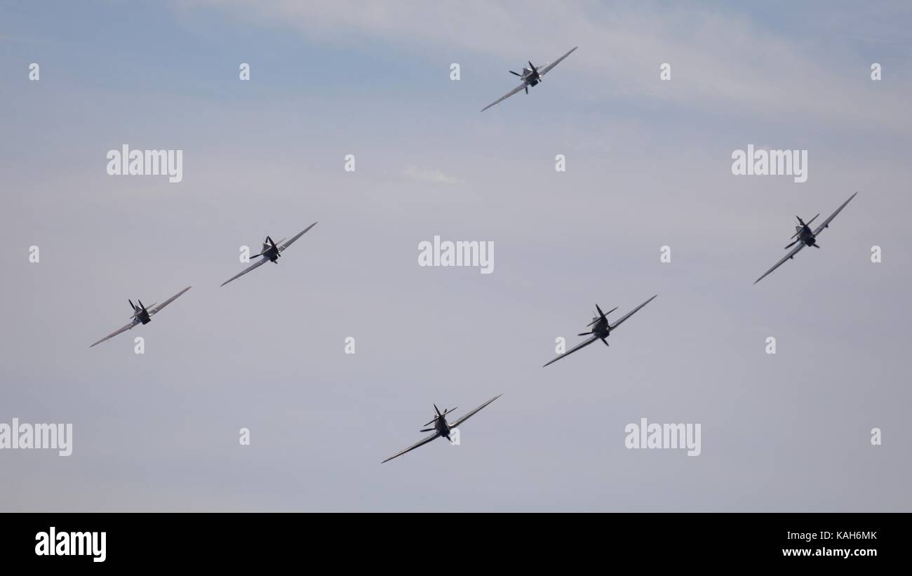 Six Hawker Hurricanes flying at Duxford 2017 Battle of Britain Air Show