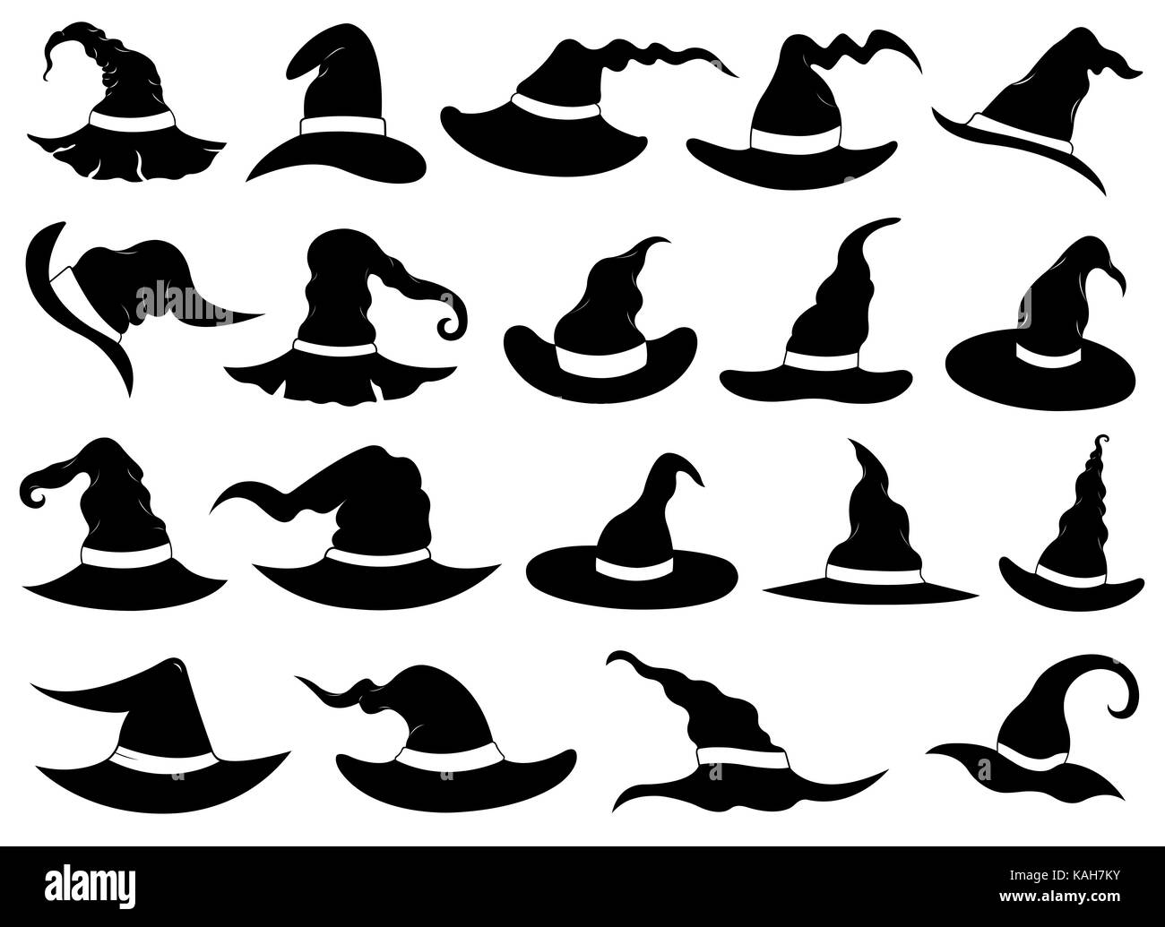 Set of different witch hats isolated on white Stock Photo