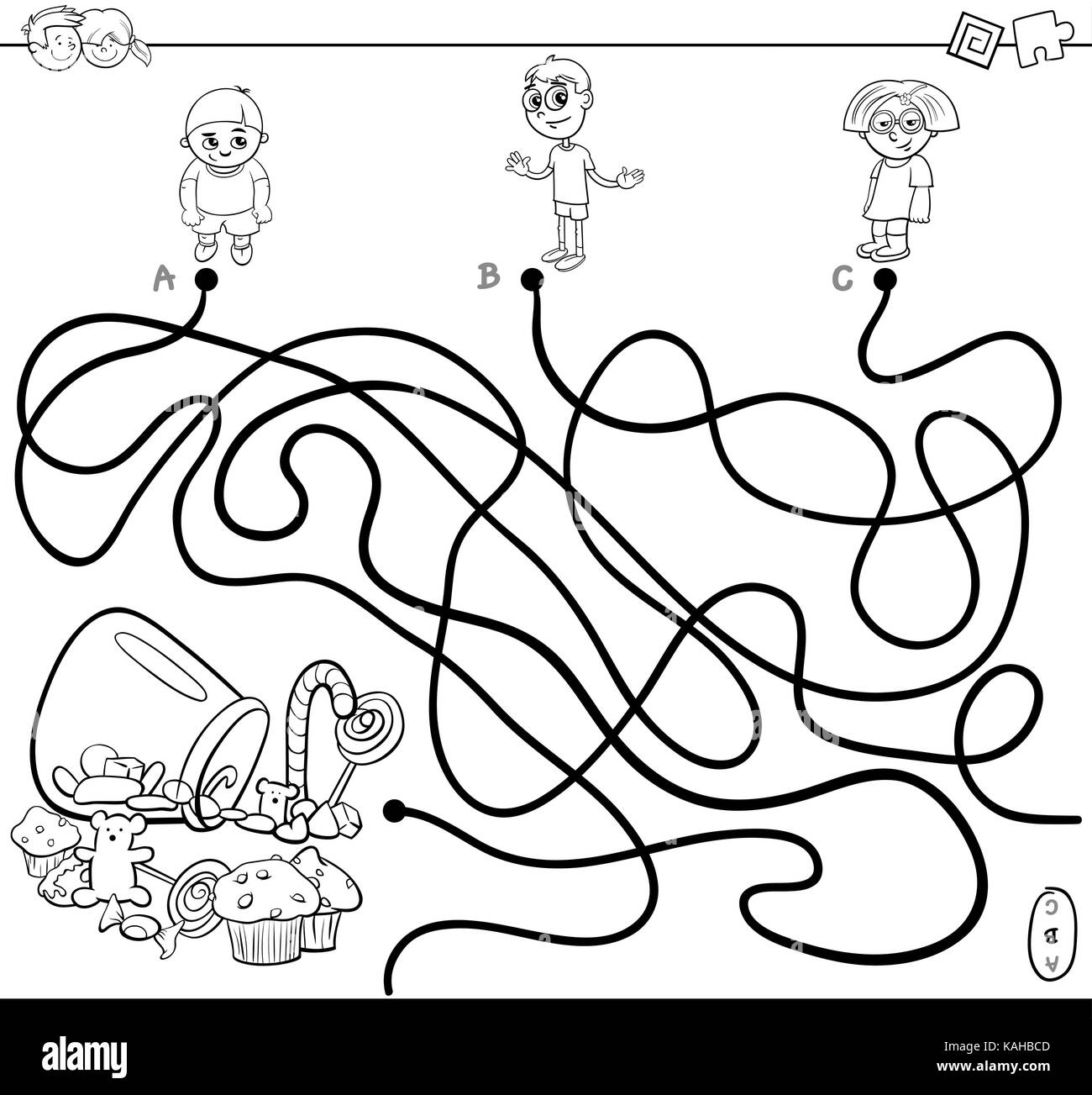 Black and White Cartoon Illustration of Paths or Maze Puzzle Activity Game with Children Characters and Sweet Food Coloring Book Stock Vector