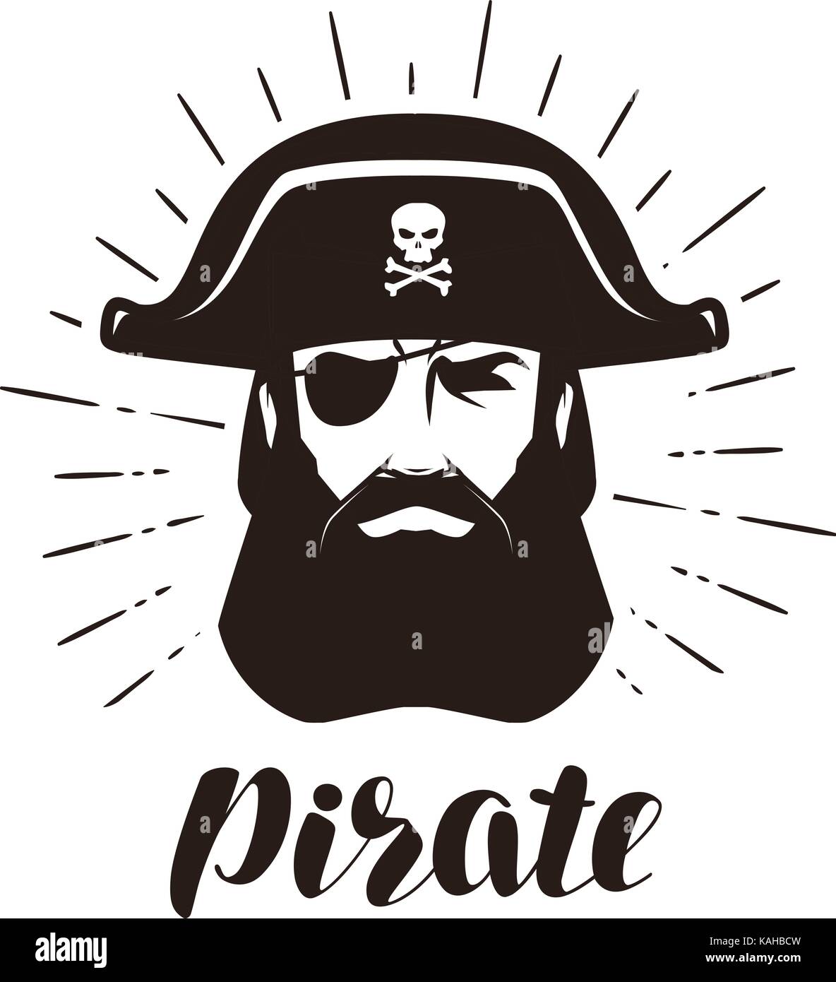 Pirate logo or label. Portrait of bearded one-eyed filibuster in hat. Vector illustration Stock Vector