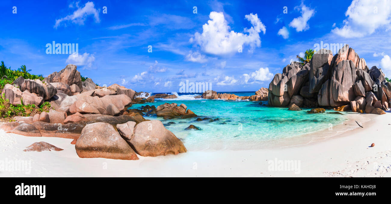 Beautiful Anse Cocos,La Digue,Seychelles . Stock Photo
