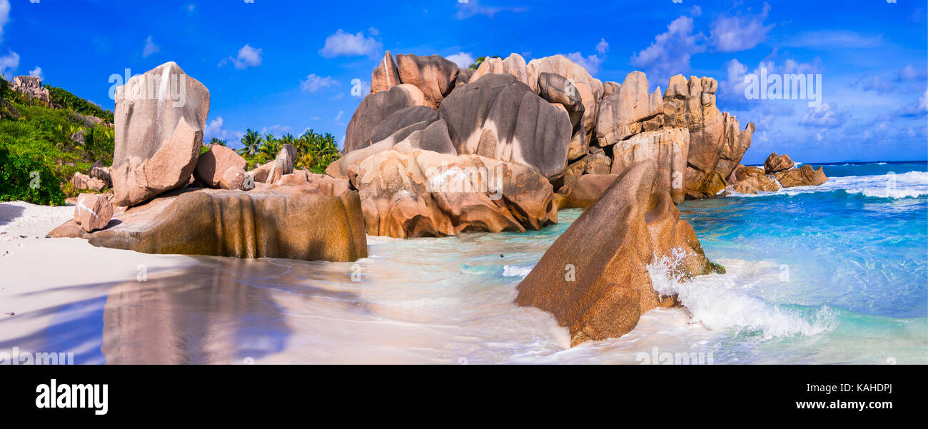 Beautiful Anse Cocos,La Digue,Seychelles . Stock Photo