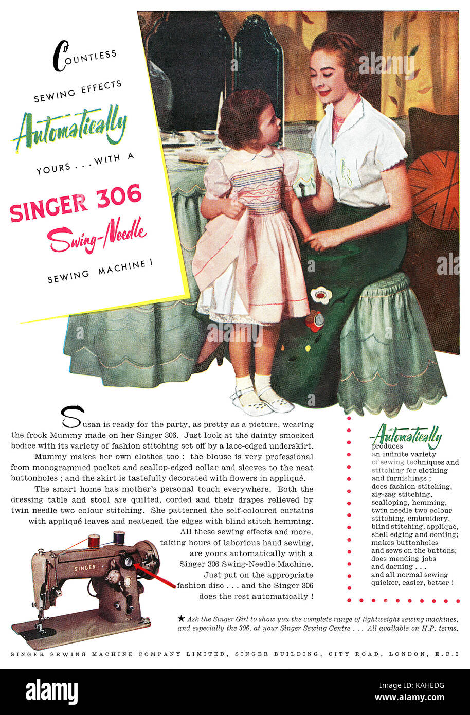 1956 British advertisement for the Singer 306 Swing-Needle Sewing Machine. Stock Photo