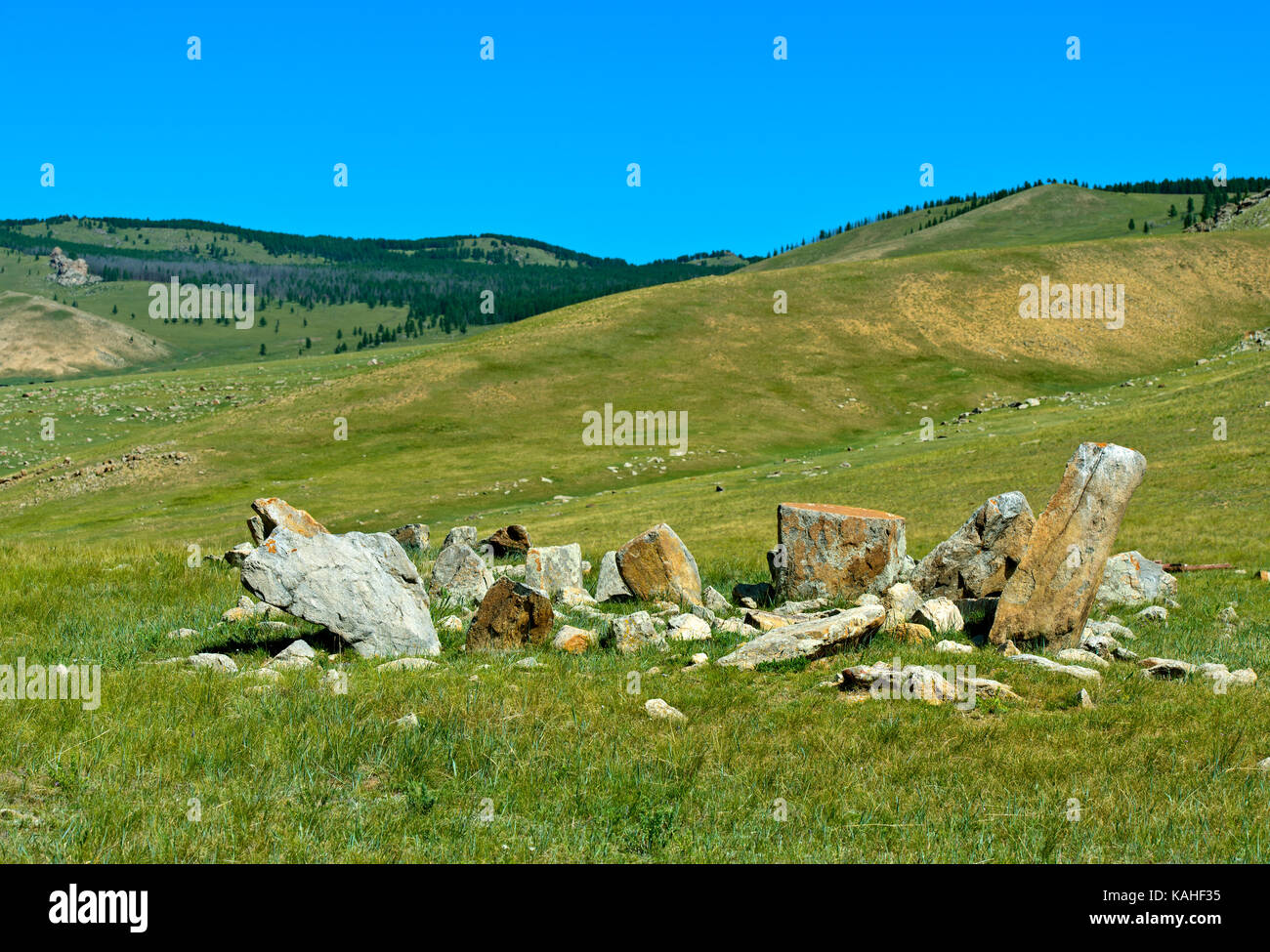 Ancient burial site with stag stones from the late Bronze Age, Khangai Nuruuu National Park, Oevoerkhangai Aimag, Mongolia Stock Photo