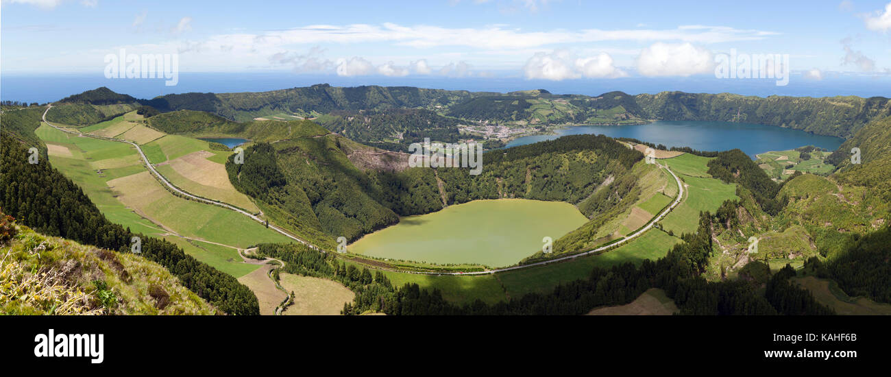Panorama, view of the volcanic crater Caldeira das Sete Cidades, in front of the volcanic lake Lagoa de Santiago, in the back on Stock Photo
