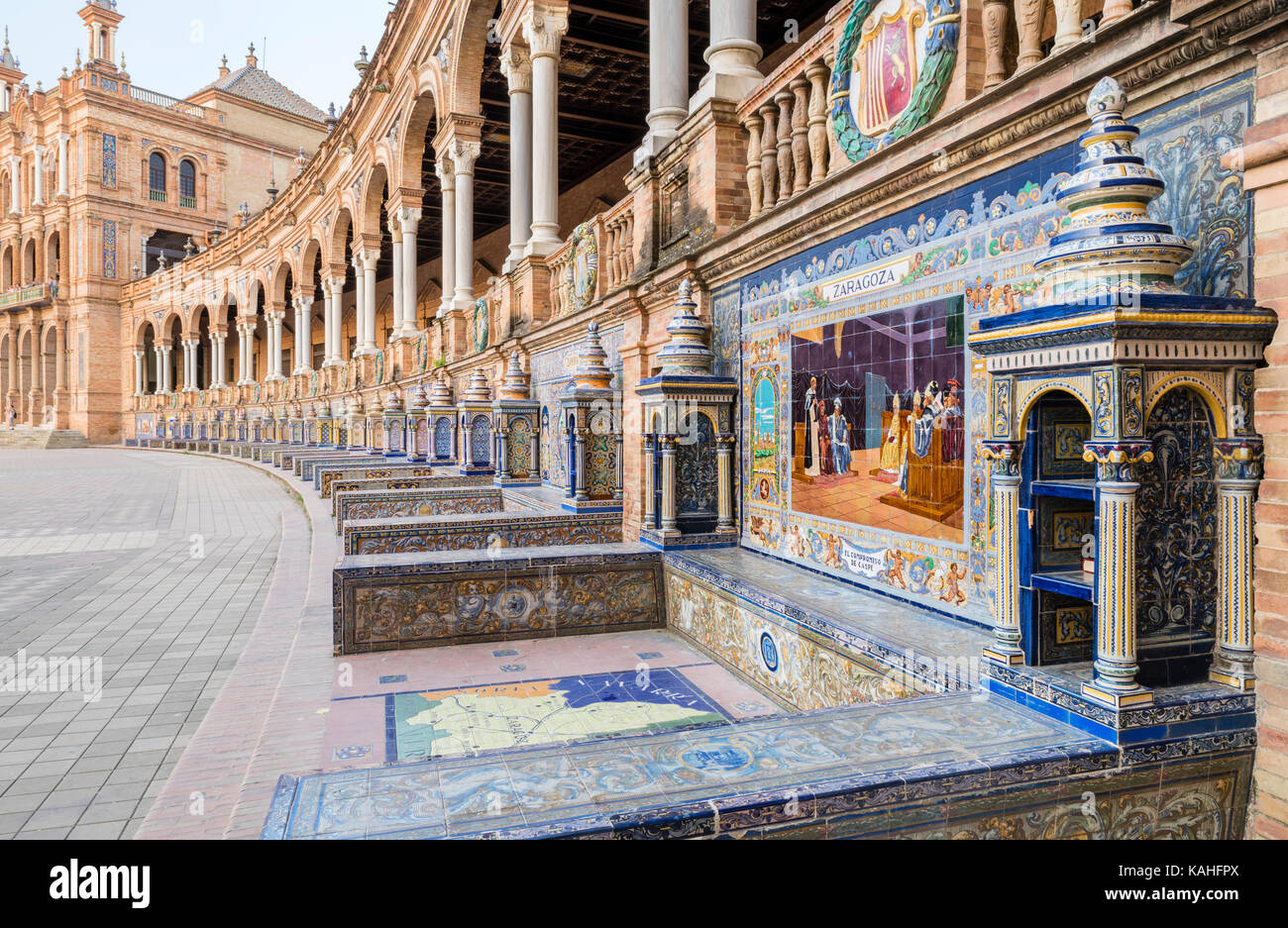 Tiles with the Allegorie von Zaragoza, Plaza de España, Sevilla, Andalusien, Spanien Stock Photo