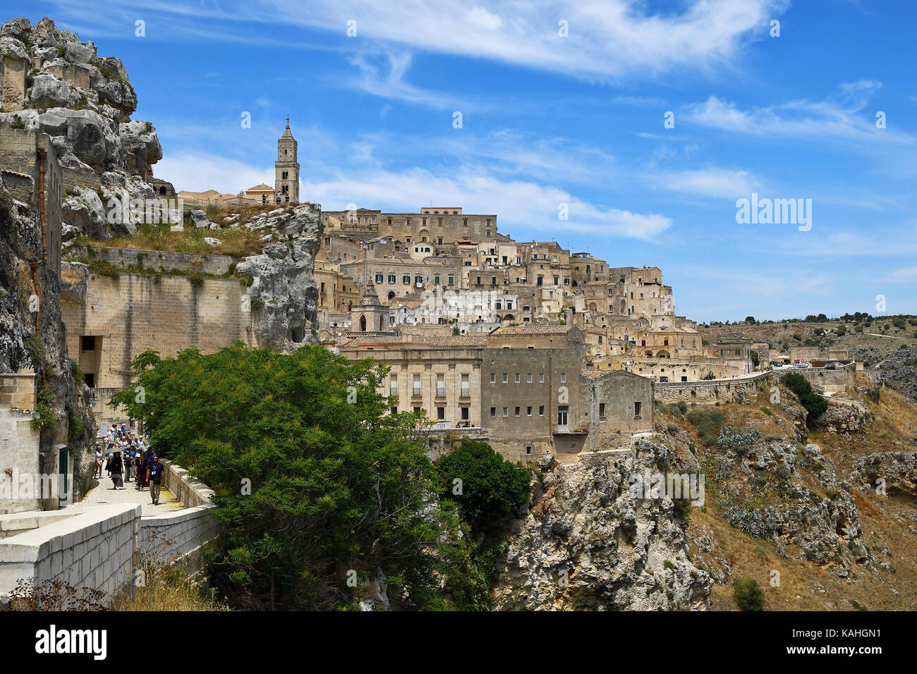 Medieval old town, Sassi di Matera, in the back cathedral, capital of culture 2019, Matera, province Basilicata, Italy Stock Photo