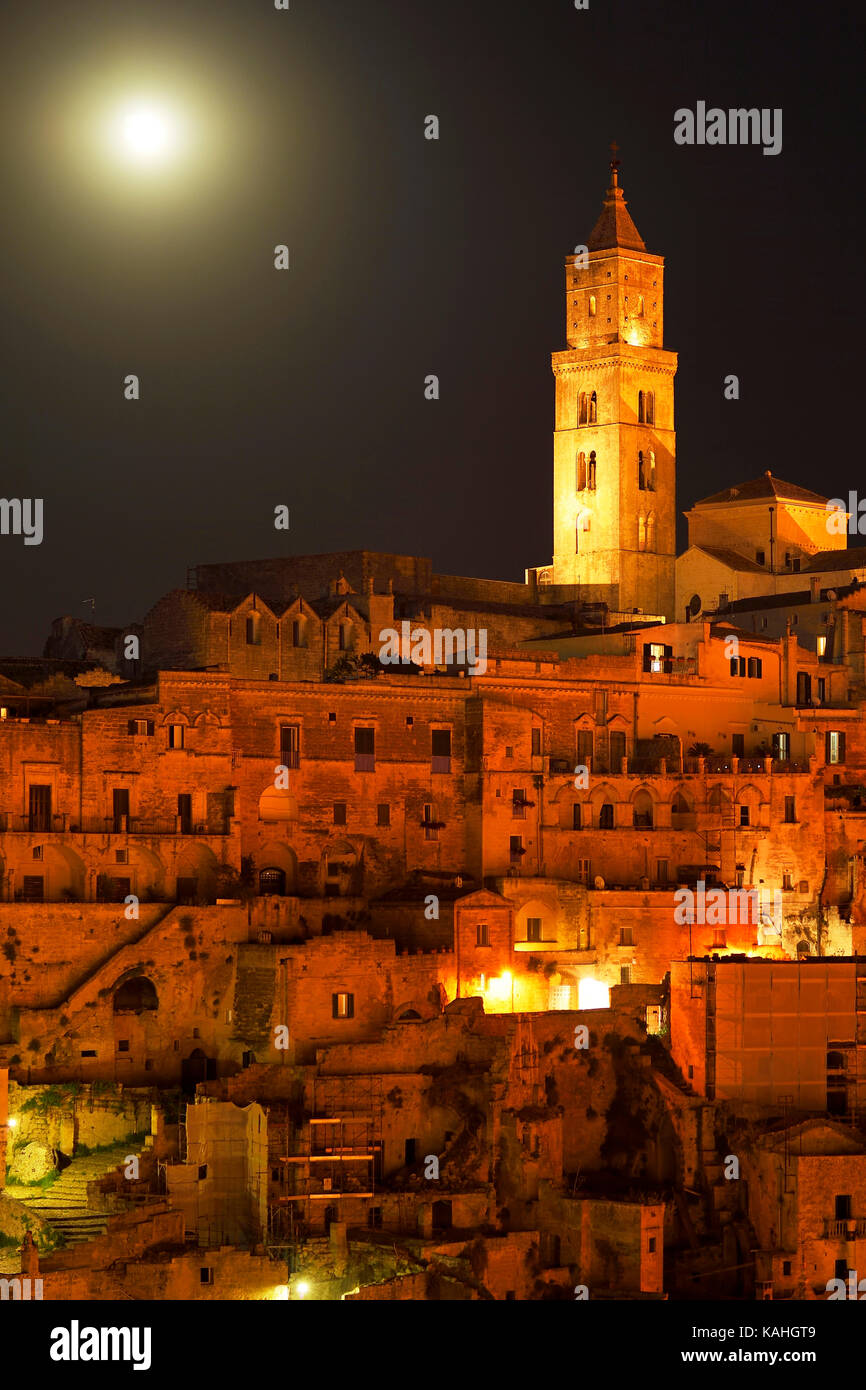 Medieval old town with cathedral at full moon, Sassi di Matera, Capital of Culture 2019, Matera, province of Basilicata, Italy Stock Photo