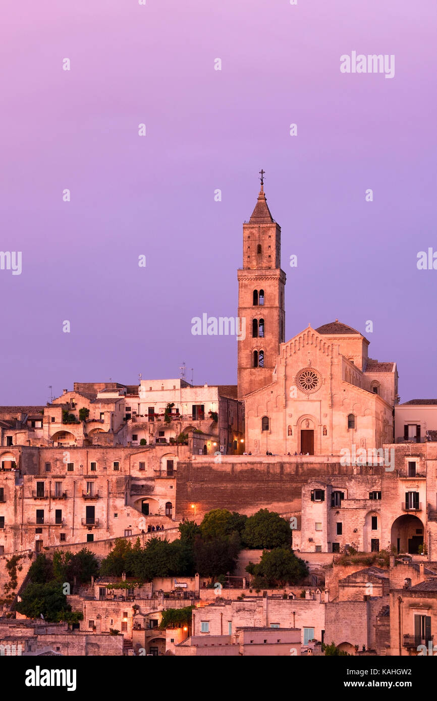 Medieval old town with cathedral, twilight, Sassi di Matera, Capital of Culture 2019, Matera, province of Basilicata, Italy Stock Photo