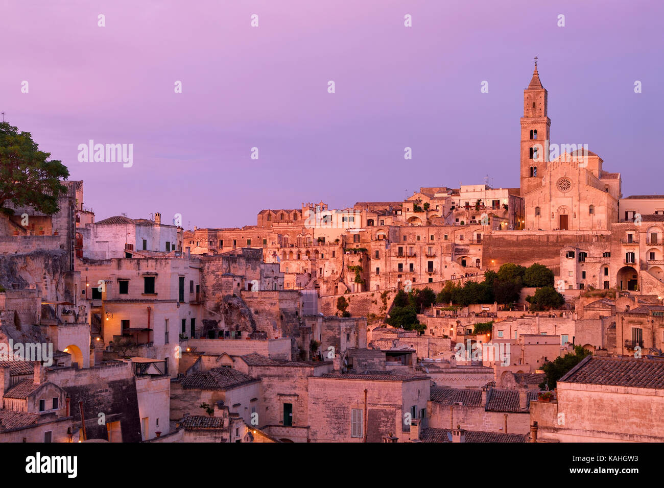 Medieval old town with cathedral, twilight, Sassi di Matera, Capital of Culture 2019, Matera, province of Basilicata, Italy Stock Photo