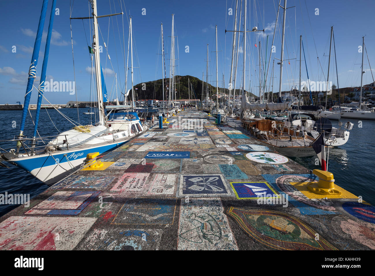 Sailor painted quay wall, harbour, marina, Horta, island of Faial, Azores, Portugal Stock Photo