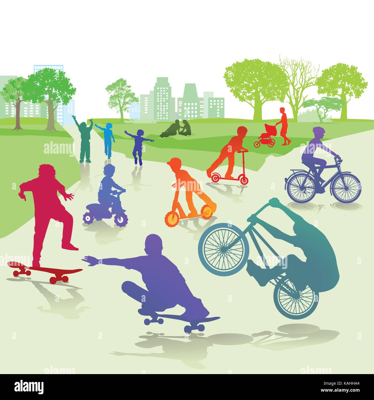 Children with skateboard and bicycle in the park Stock Vector
